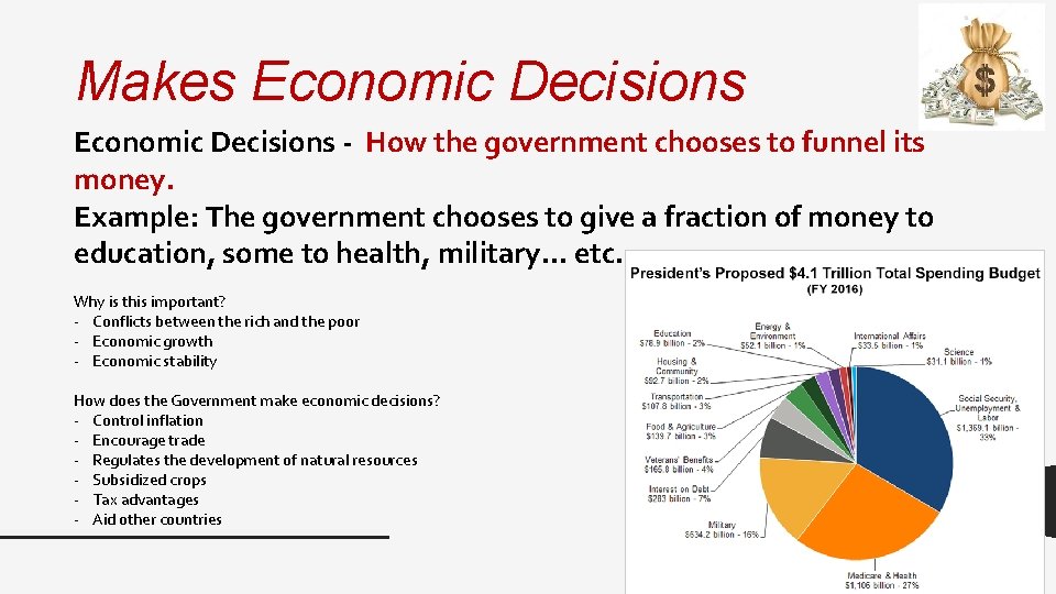 Makes Economic Decisions - How the government chooses to funnel its money. Example: The