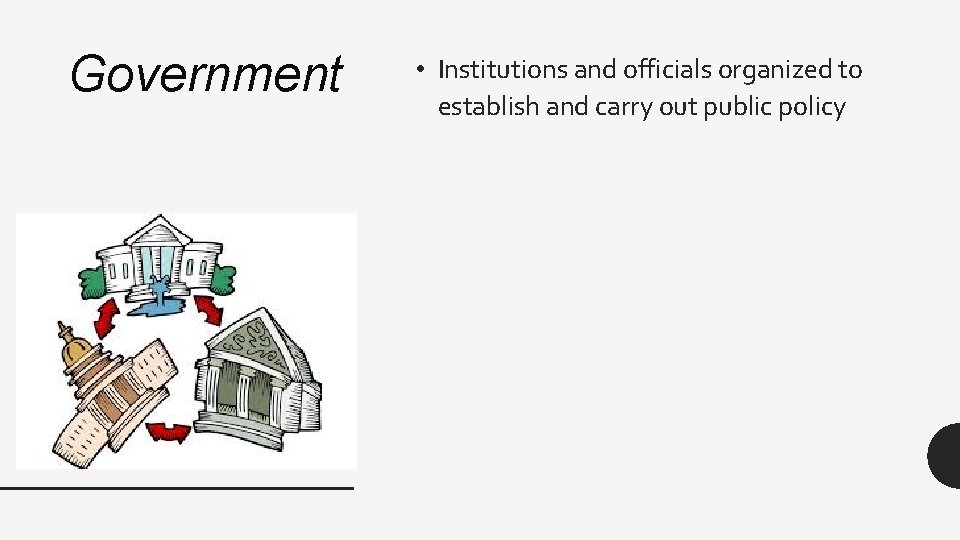 Government • Institutions and officials organized to establish and carry out public policy 