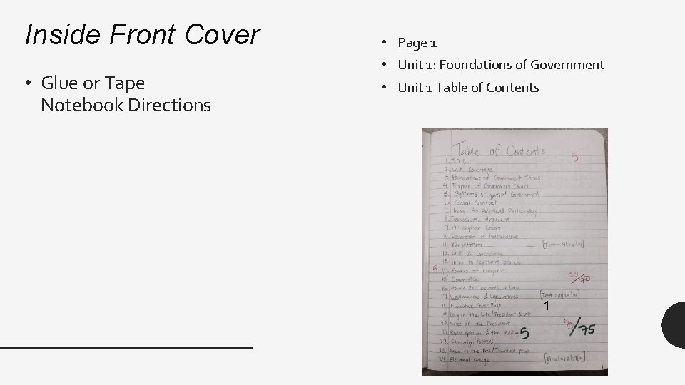 Inside Front Cover • Glue or Tape Notebook Directions • Page 1 • Unit