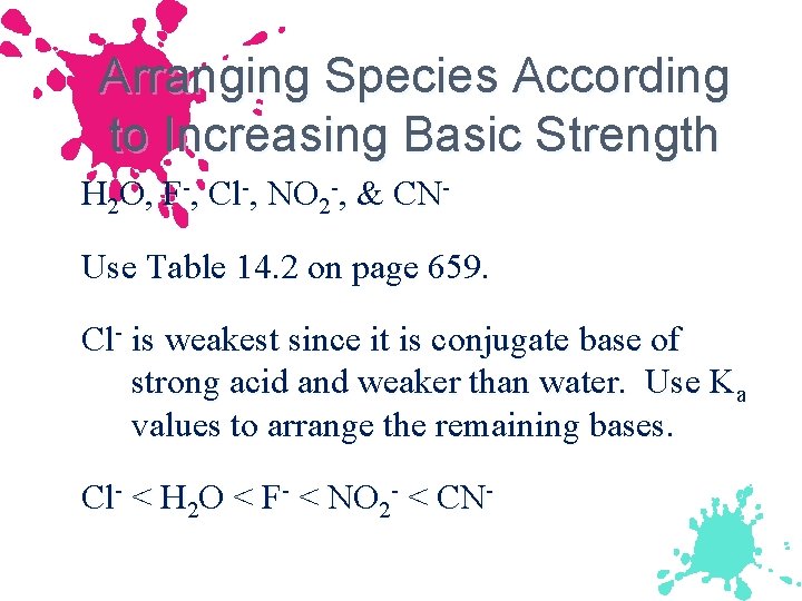 Arranging Species According to Increasing Basic Strength H 2 O, F-, Cl-, NO 2