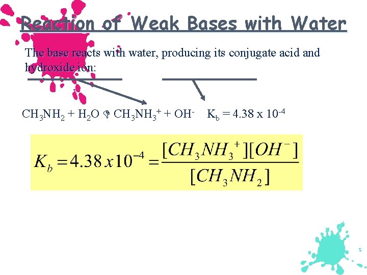 Reaction of Weak Bases with Water The base reacts with water, producing its conjugate