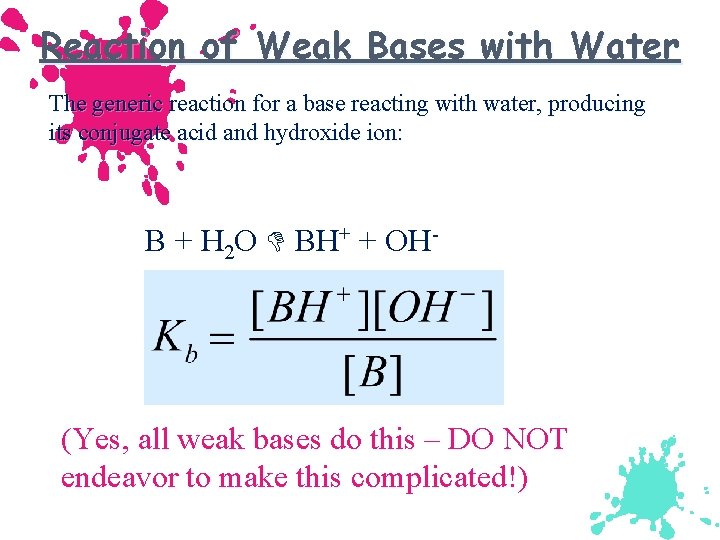 Reaction of Weak Bases with Water The generic reaction for a base reacting with