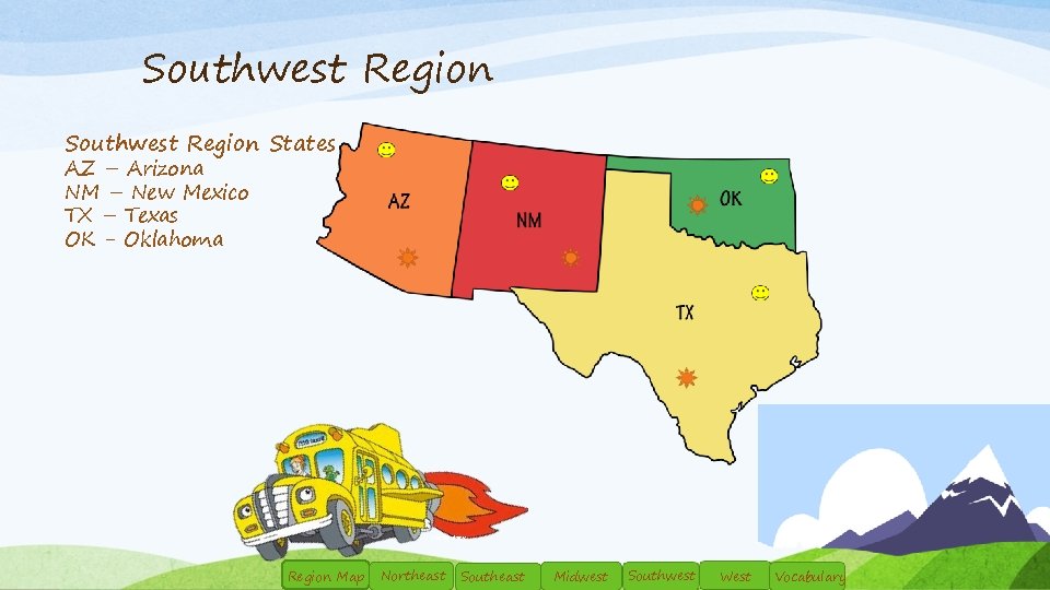 Southwest Region States AZ – Arizona NM – New Mexico TX – Texas OK