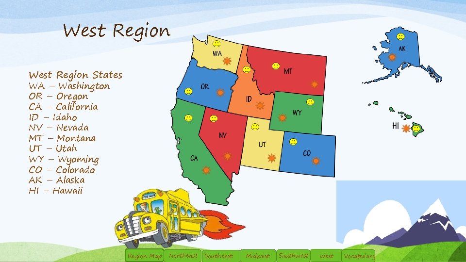 West Region States WA – Washington OR – Oregon CA – California ID –