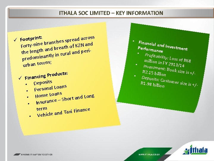 ITHALA SOC LIMITED – KEY INFORMATION oss nt: ü Footpri branches spread acr KZN