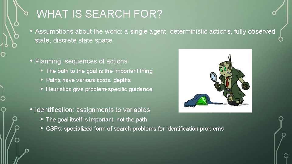 WHAT IS SEARCH FOR? • Assumptions about the world: a single agent, deterministic actions,