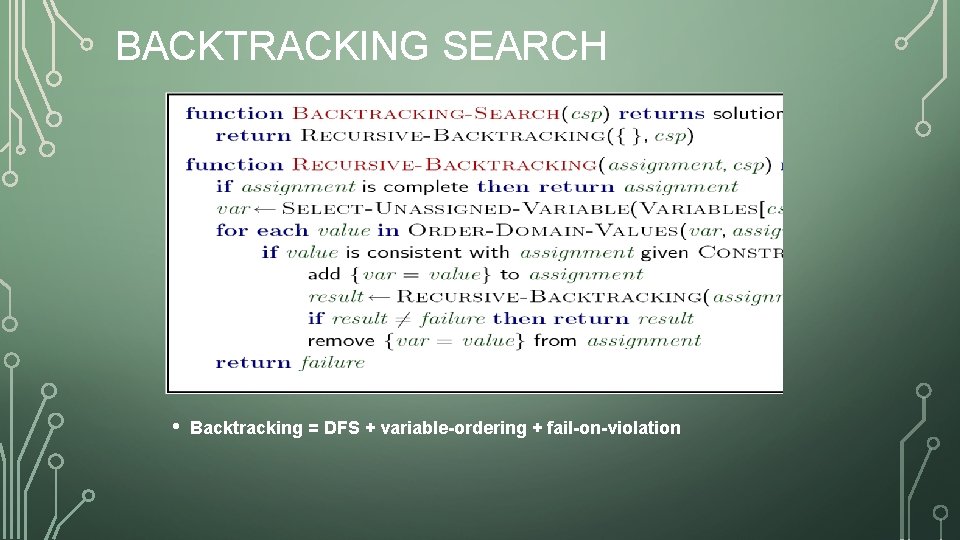BACKTRACKING SEARCH • Backtracking = DFS + variable-ordering + fail-on-violation 