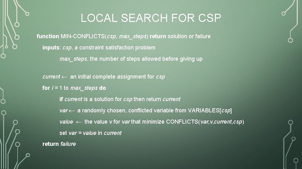 LOCAL SEARCH FOR CSP function MIN-CONFLICTS(csp, max_steps) return solution or failure inputs: csp, a