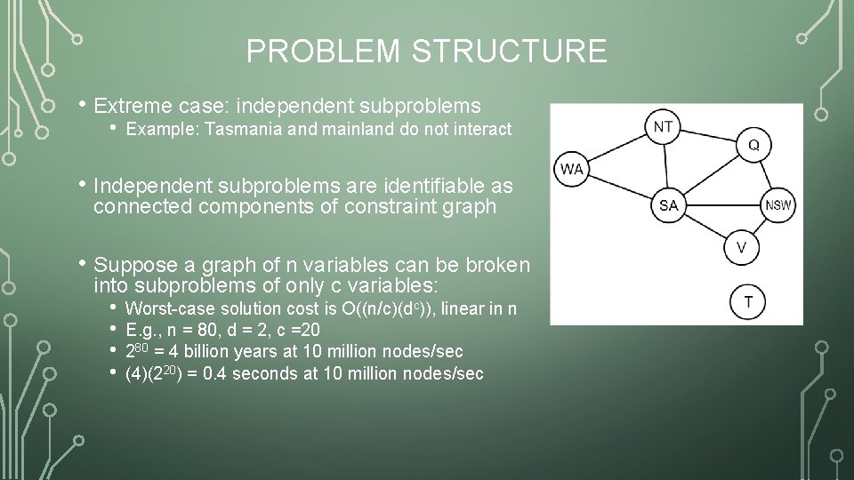 PROBLEM STRUCTURE • Extreme case: independent subproblems • Example: Tasmania and mainland do not