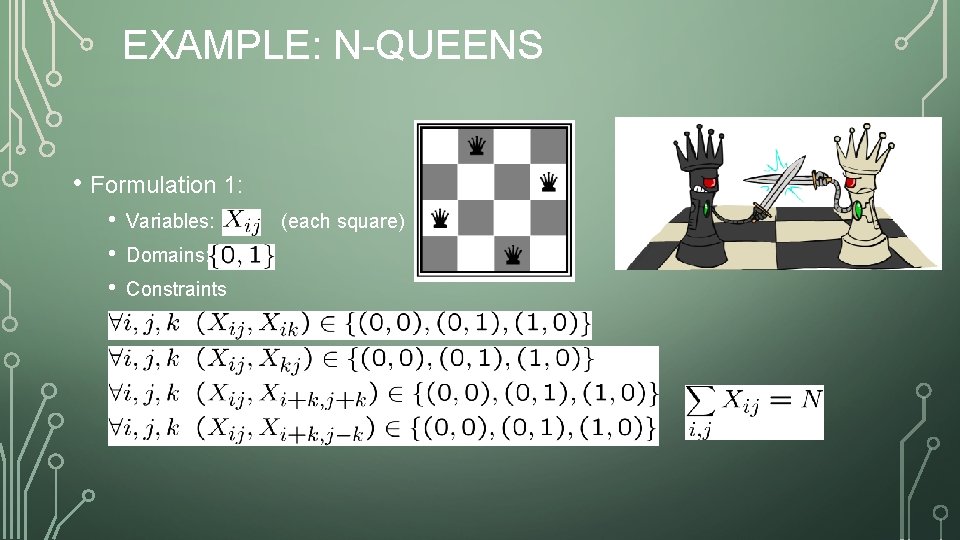 EXAMPLE: N-QUEENS • Formulation 1: • • • Variables: Domains: Constraints (each square) 