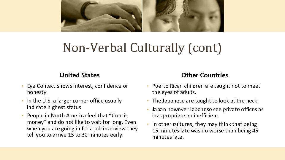 Non-Verbal Culturally (cont) United States Eye Contact shows interest, confidence or honesty • In