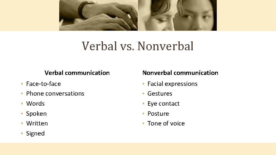 Verbal vs. Nonverbal Verbal communication • • • Face-to-face Phone conversations Words Spoken Written