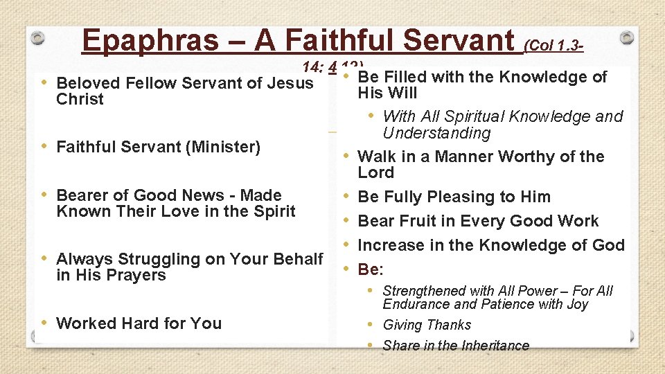 Epaphras – A Faithful Servant (Col 1. 314; 4. 12) • Beloved Fellow Servant