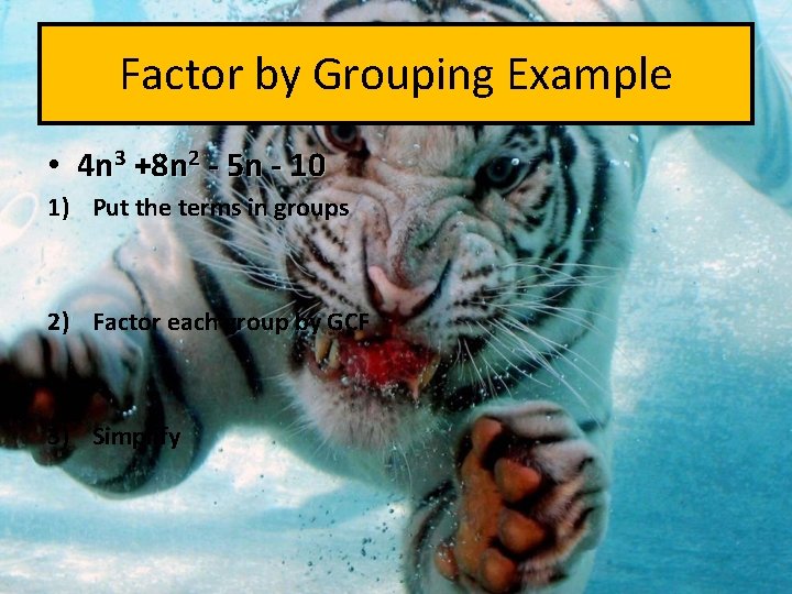 Factor by Grouping Example • 4 n 3 +8 n 2 - 5 n