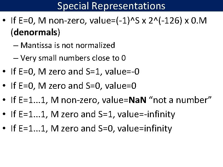 Special Representations • If E=0, M non-zero, value=(-1)^S x 2^(-126) x 0. M (denormals)