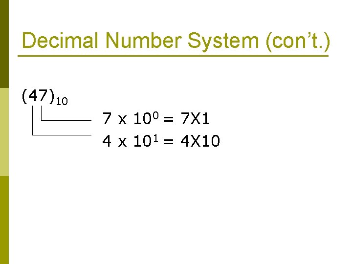 Decimal Number System (con’t. ) (47)10 7 x 100 = 7 X 1 4