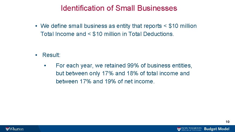 Identification of Small Businesses • We define small business as entity that reports <