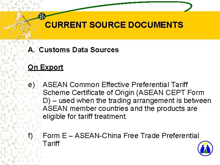 CURRENT SOURCE DOCUMENTS A. Customs Data Sources On Export e) ASEAN Common Effective Preferential