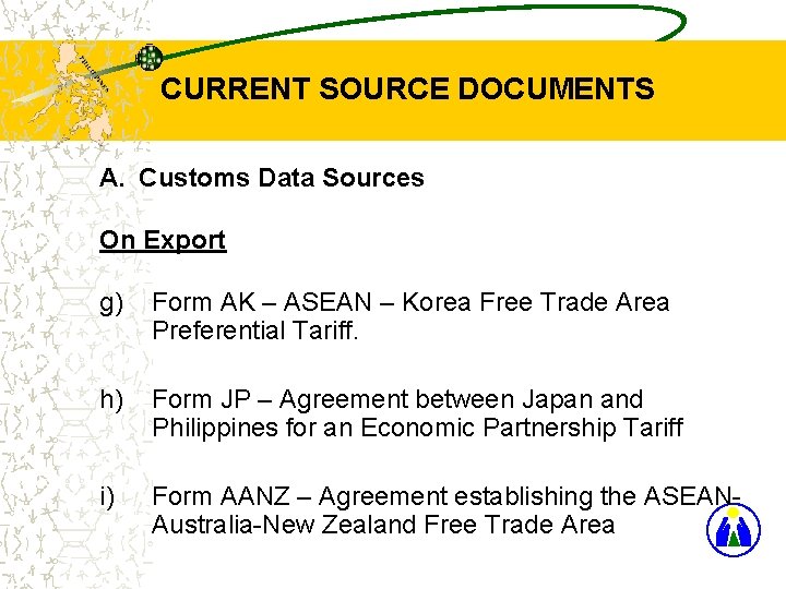 CURRENT SOURCE DOCUMENTS A. Customs Data Sources On Export g) Form AK – ASEAN