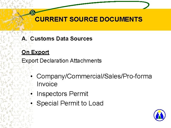CURRENT SOURCE DOCUMENTS A. Customs Data Sources On Export Declaration Attachments • Company/Commercial/Sales/Pro-forma Invoice