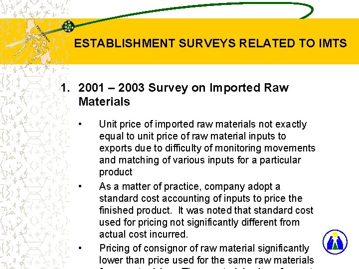 ESTABLISHMENT SURVEYS RELATED TO IMTS 1. 2001 – 2003 Survey on Imported Raw Materials