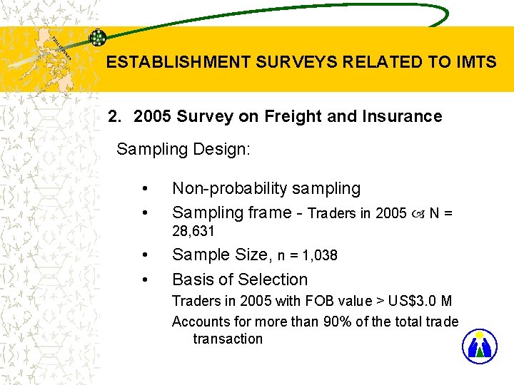 ESTABLISHMENT SURVEYS RELATED TO IMTS 2. 2005 Survey on Freight and Insurance Sampling Design:
