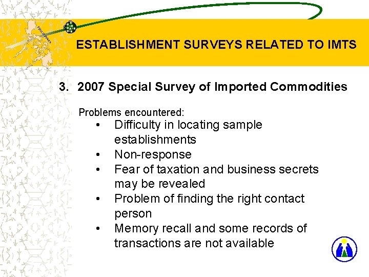 ESTABLISHMENT SURVEYS RELATED TO IMTS 3. 2007 Special Survey of Imported Commodities Problems encountered: