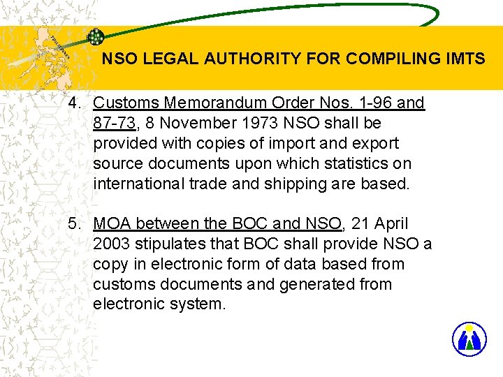 NSO LEGAL AUTHORITY FOR COMPILING IMTS 4. Customs Memorandum Order Nos. 1 -96 and