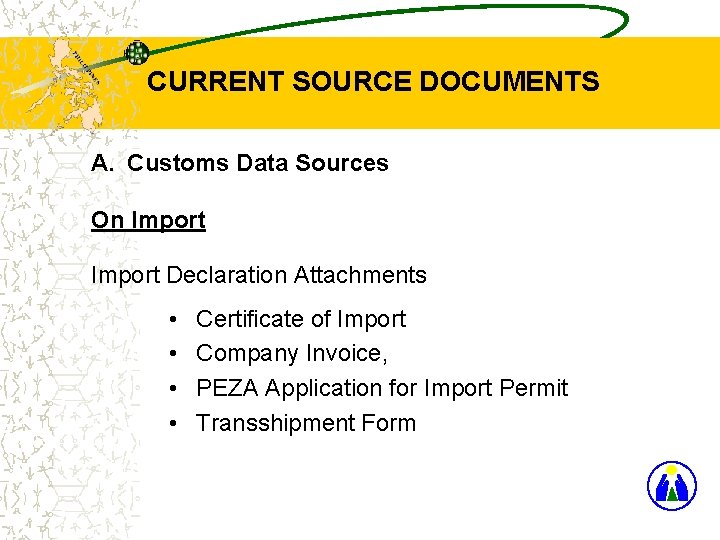 CURRENT SOURCE DOCUMENTS A. Customs Data Sources On Import Declaration Attachments • • Certificate