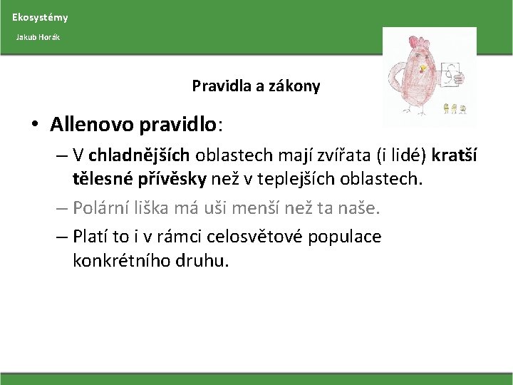 Ekosystémy Jakub Horák Pravidla a zákony • Allenovo pravidlo: – V chladnějších oblastech mají