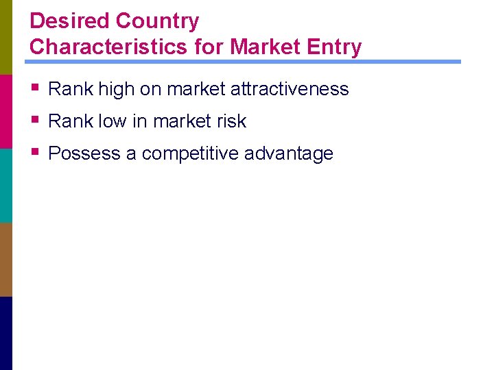 Desired Country Characteristics for Market Entry § Rank high on market attractiveness § Rank