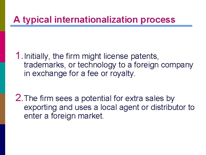 A typical internationalization process 1. Initially, the firm might license patents, trademarks, or technology