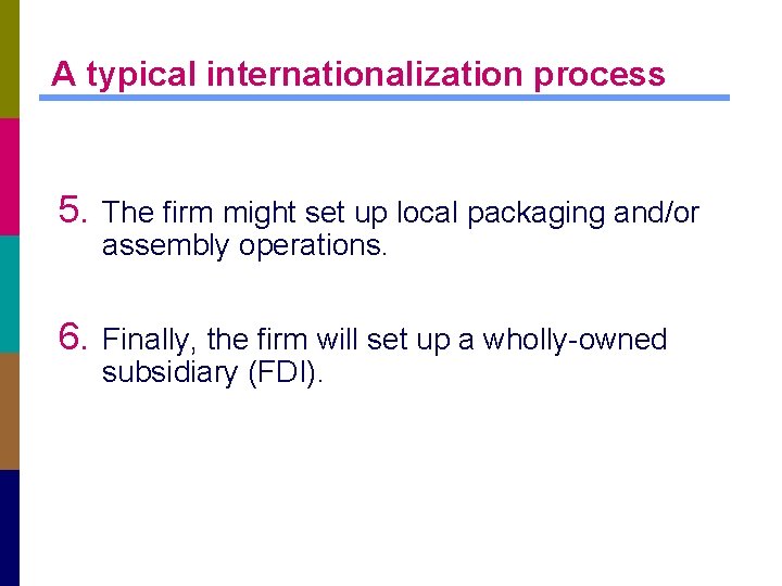 A typical internationalization process 5. The firm might set up local packaging and/or assembly