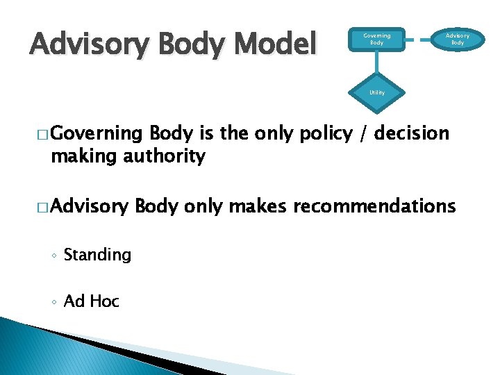 Advisory Body Model Governing Body Advisory Body Utility � Governing Body is the only