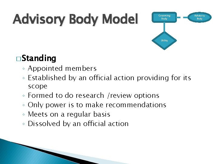 Advisory Body Model Governing Body Utility � Standing ◦ Appointed members ◦ Established by