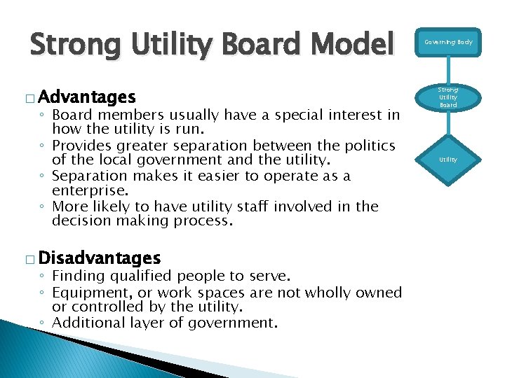 Strong Utility Board Model � Advantages ◦ Board members usually have a special interest