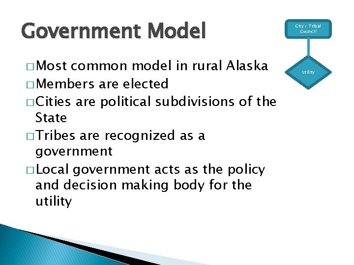 Government Model � Most common model in rural Alaska � Members are elected �