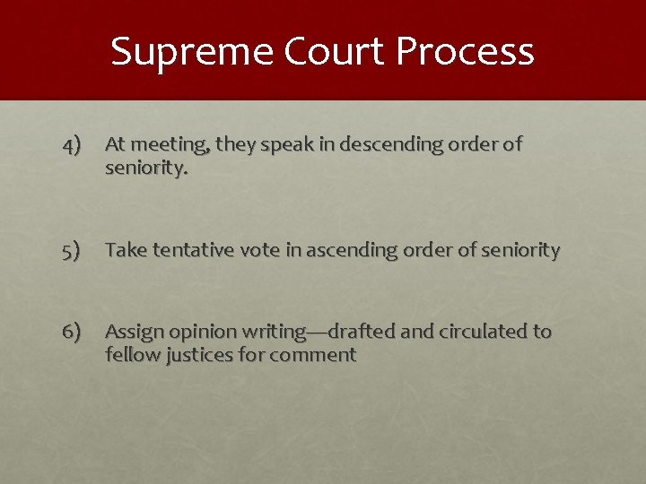 Supreme Court Process 4) At meeting, they speak in descending order of seniority. 5)