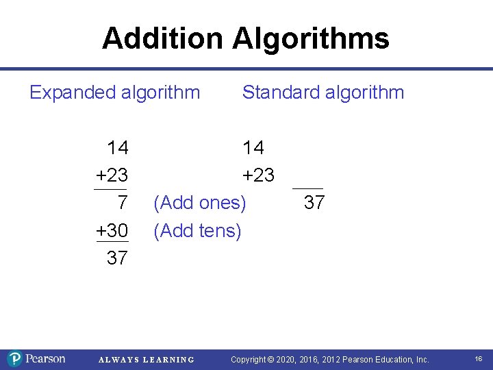 Addition Algorithms Expanded algorithm 14 +23 7 +30 37 Standard algorithm 14 +23 (Add Addition Algorithms Expanded algorithm 14 +23 7 +30 37 Standard algorithm 14 +23 (Add