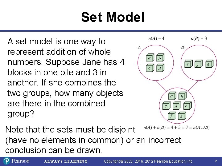 Set Model A set model is one way to represent addition of whole numbers. Set Model A set model is one way to represent addition of whole numbers.