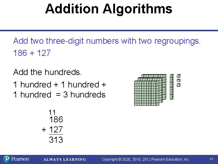 Addition Algorithms Add two three-digit numbers with two regroupings. 186 + 127 Add the Addition Algorithms Add two three-digit numbers with two regroupings. 186 + 127 Add the