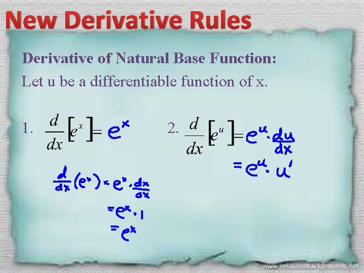 New Derivative Rules Derivative of Natural Base Function: Let u be a differentiable function