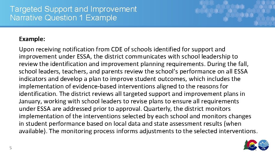 Targeted Support and Improvement Narrative Question 1 Example: Upon receiving notification from CDE of