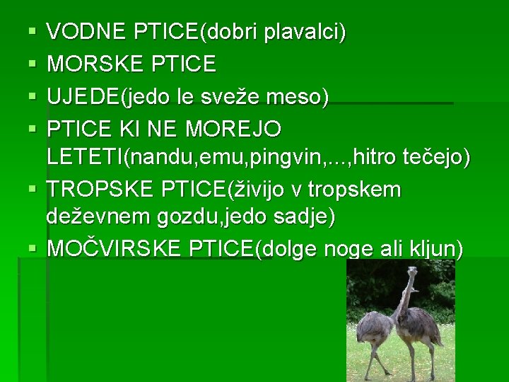 § § VODNE PTICE(dobri plavalci) MORSKE PTICE UJEDE(jedo le sveže meso) PTICE KI NE