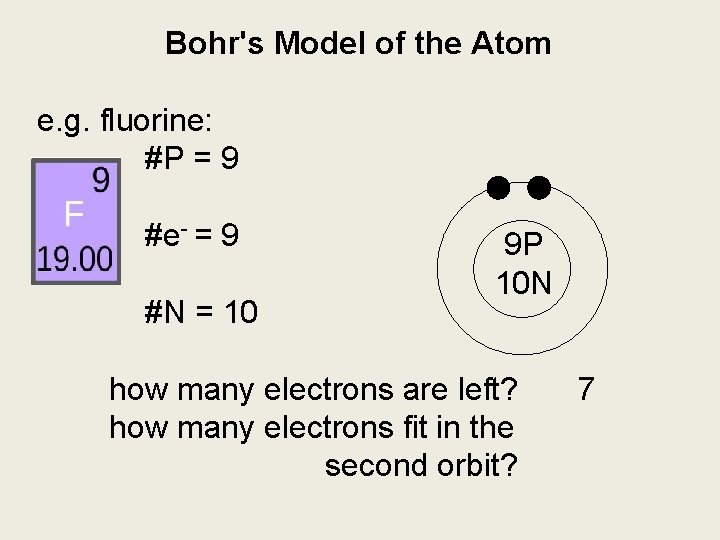 Bohr's Model of the Atom e. g. fluorine: #P = 9 #e- = 9