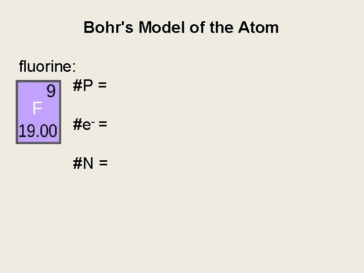 Bohr's Model of the Atom fluorine: #P = #e- = #N = 
