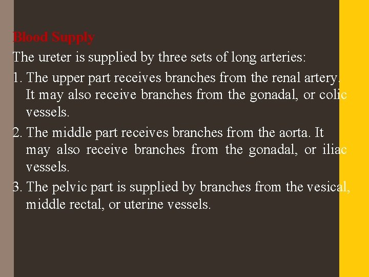 Blood Supply The ureter is supplied by three sets of long arteries: 1. The