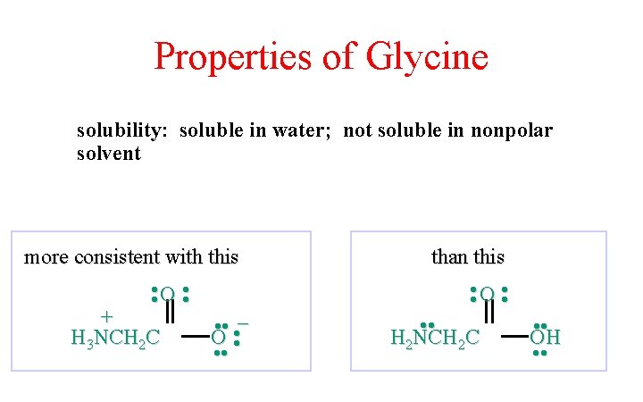 Properties of Glycine solubility: soluble in water; not soluble in nonpolar solvent more consistent