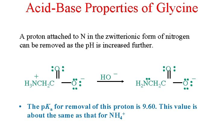 Acid-Base Properties of Glycine A proton attached to N in the zwitterionic form of