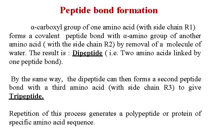 Peptide bond formation α-carboxyl group of one amino acid (with side chain R 1)